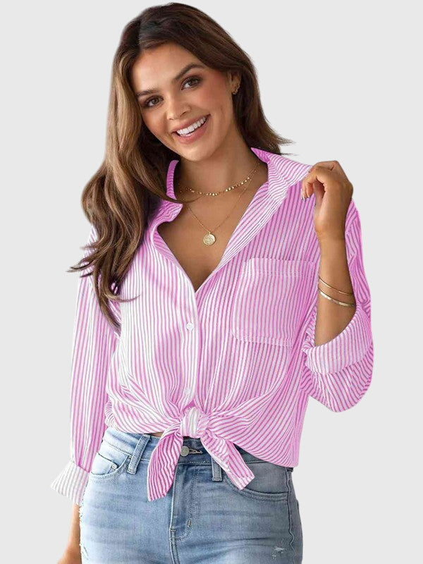 Davellia | Collared Striped V-Neck Blouse