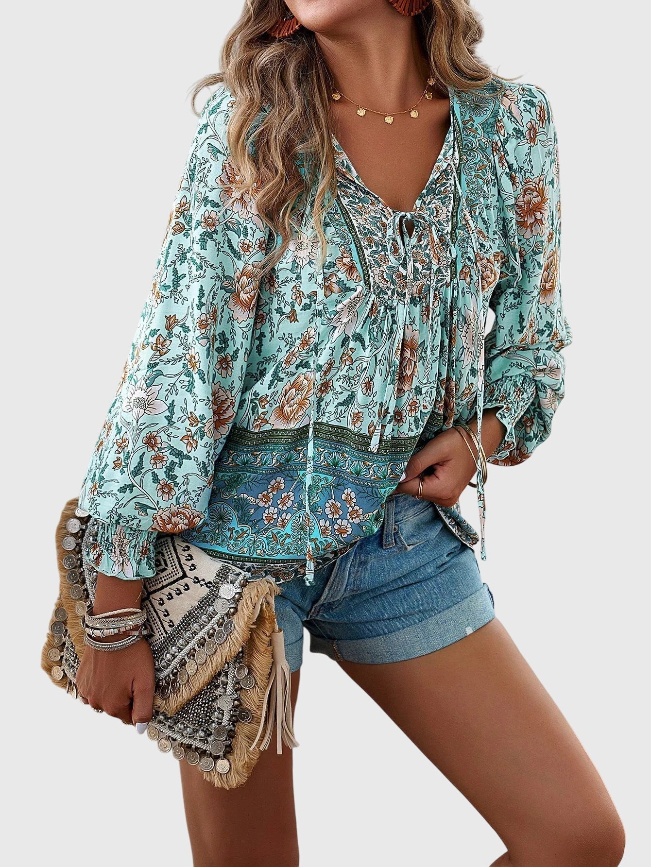 Davellia | Women's Boho Floral V-Neck Blouse