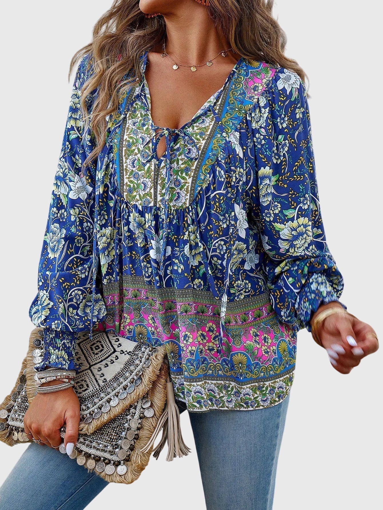 Davellia | Women's Boho Floral V-Neck Blouse