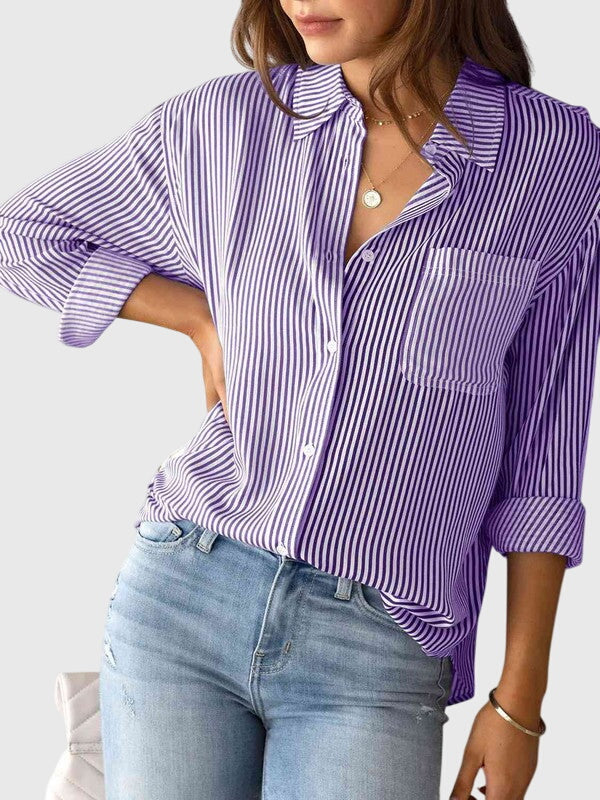 Davellia | Collared Striped V-Neck Blouse