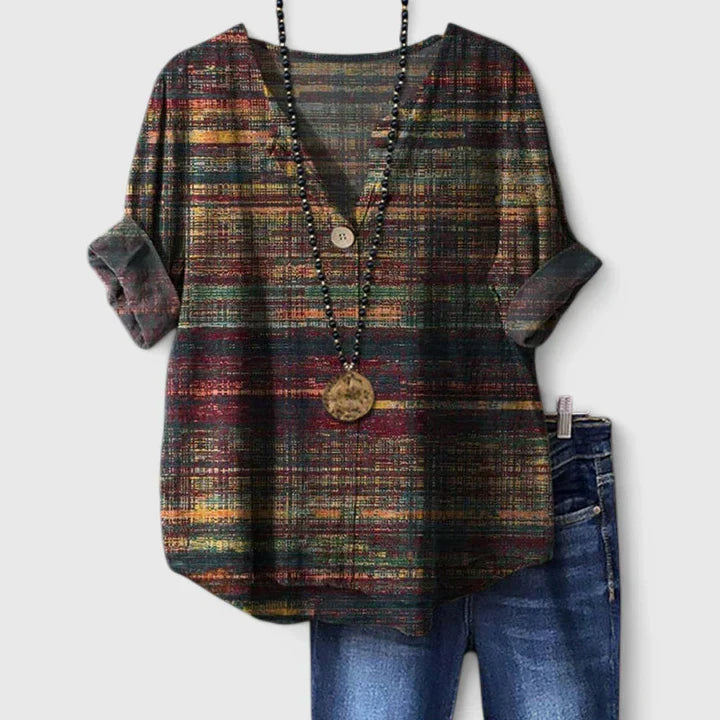 Davellia | Vintage Boho Printed V-Neck Blouse