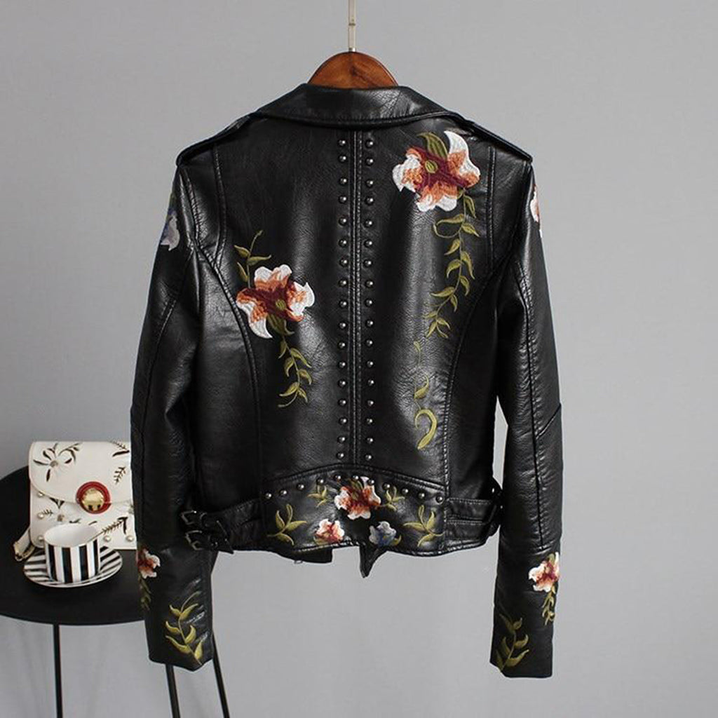 Davellia | Women’s Floral Design Zip-up Biker Jacket