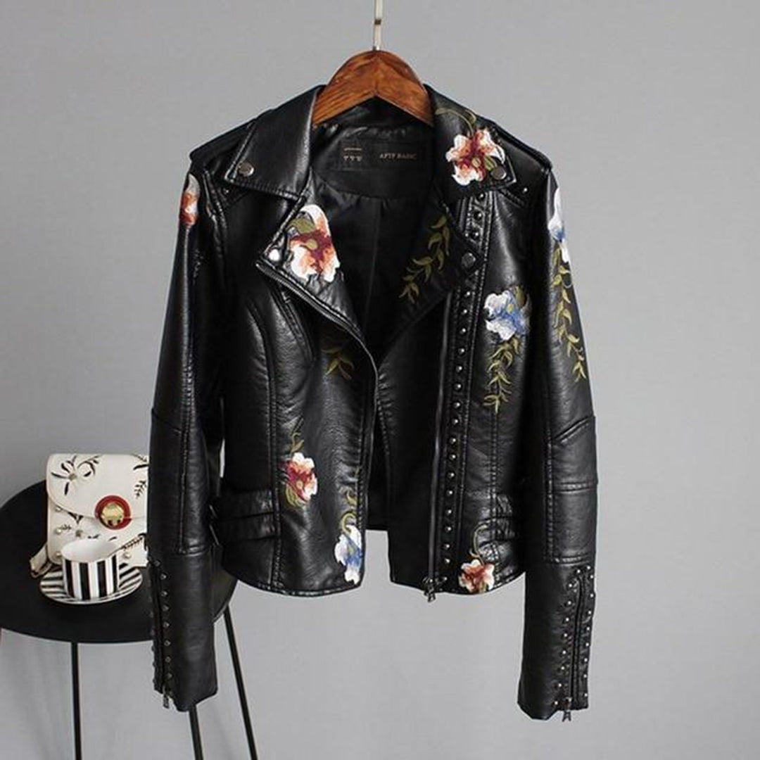 Davellia | Women’s Floral Design Zip-up Biker Jacket