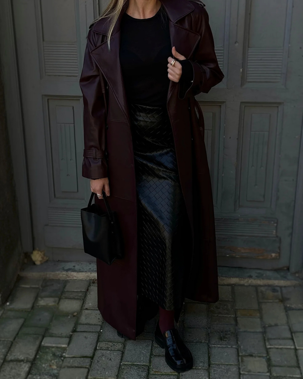Davellia | Women’s Spring Leather Maxi Trench Coat
