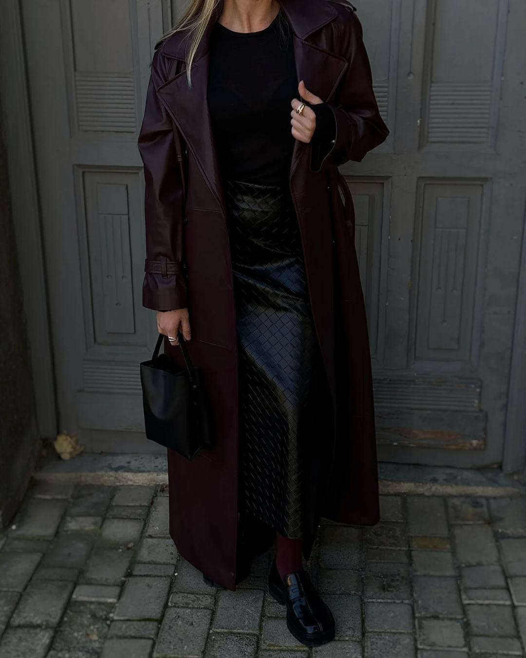 Davellia | Women’s Spring Leather Maxi Trench Coat