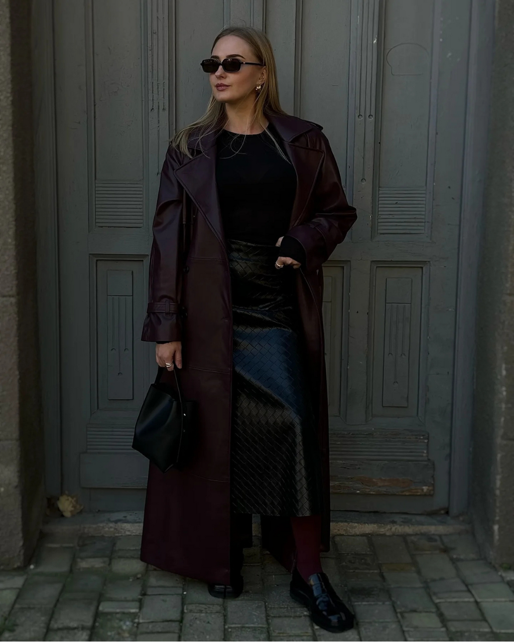 Davellia | Women’s Spring Leather Maxi Trench Coat