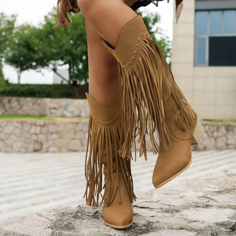 Davellia | Women’s Fringe High Heel Boots with Studs