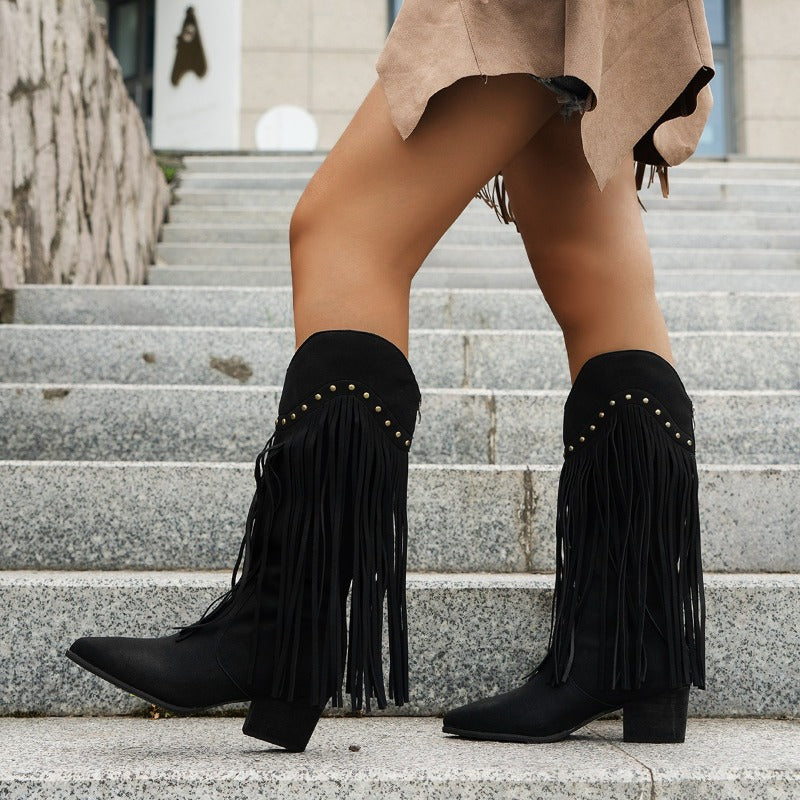 Davellia | Women’s Fringe High Heel Boots with Studs