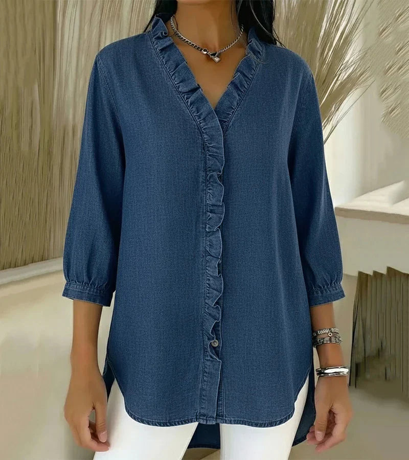 Davellia | Flowing Denim Blouse with V-Neck and Ruffle Detail