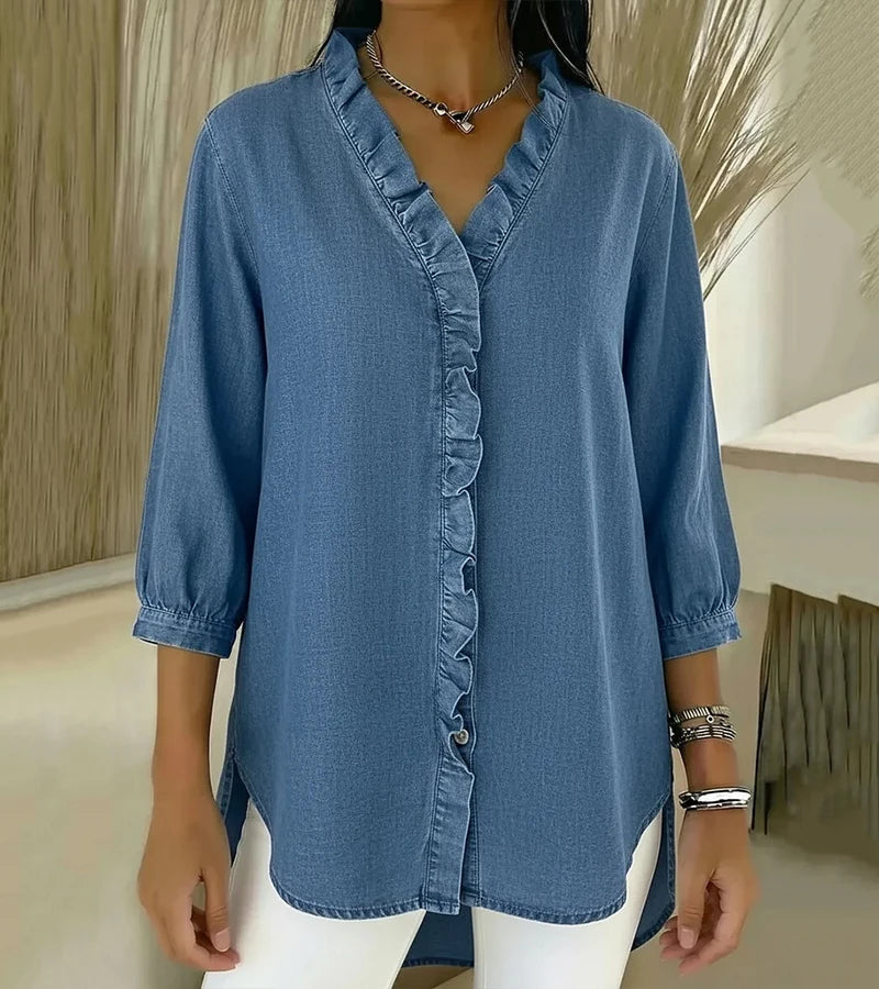 Davellia | Flowing Denim Blouse with V-Neck and Ruffle Detail