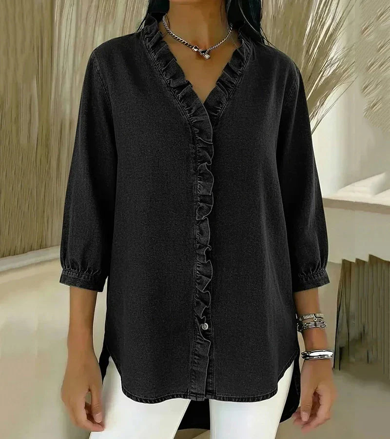 Davellia | Flowing Denim Blouse with V-Neck and Ruffle Detail
