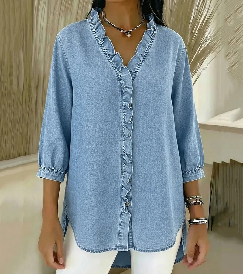 Davellia | Flowing Denim Blouse with V-Neck and Ruffle Detail