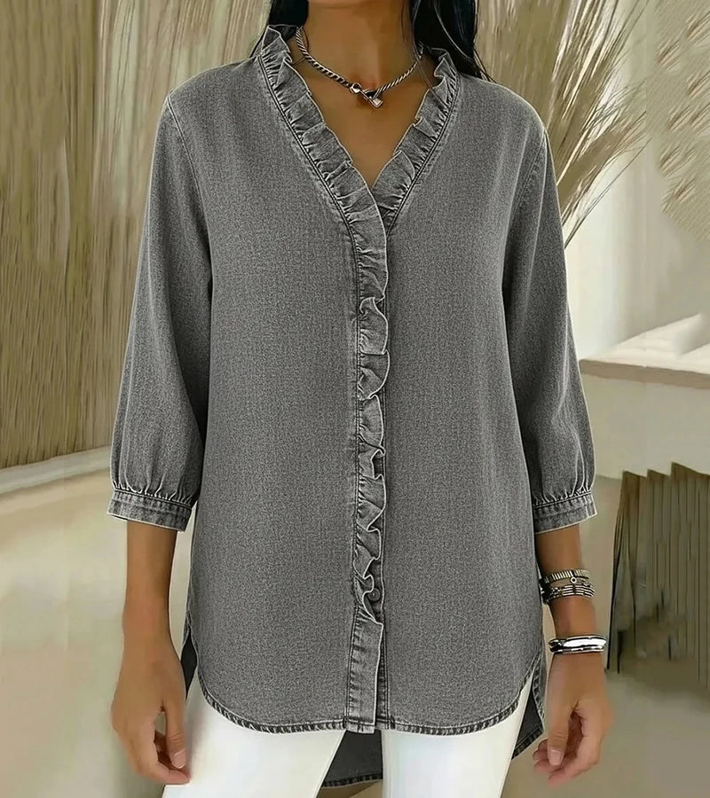 Davellia | Flowing Denim Blouse with V-Neck and Ruffle Detail