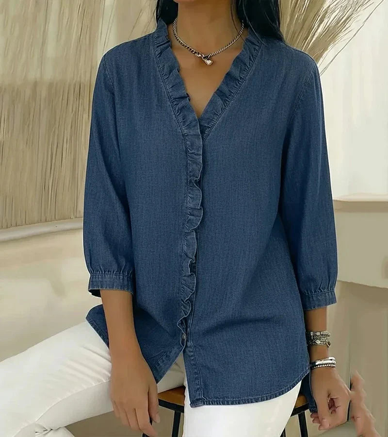 Davellia | Flowing Denim Blouse with V-Neck and Ruffle Detail