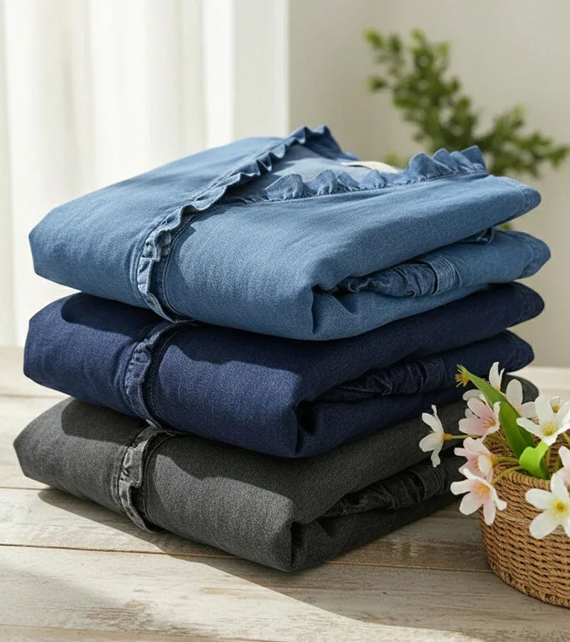 Davellia | Flowing Denim Blouse with V-Neck and Ruffle Detail