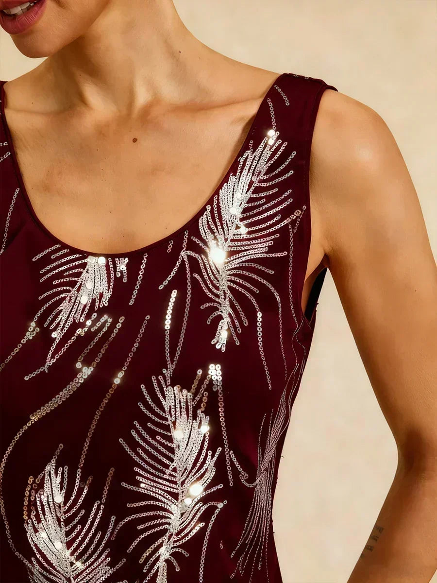 Davellia | Elegant Sequin Feather Print Twinset Blouse