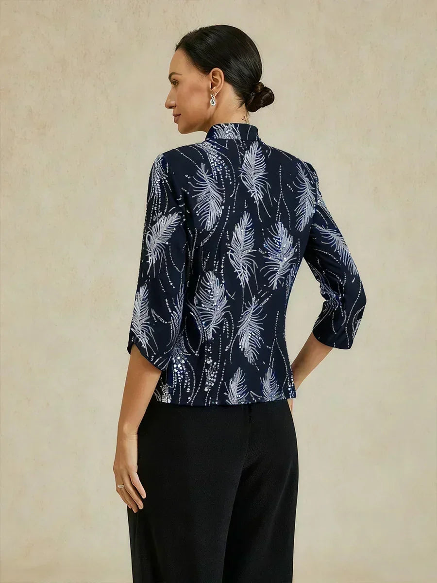 Davellia | Elegant Sequin Feather Print Twinset Blouse