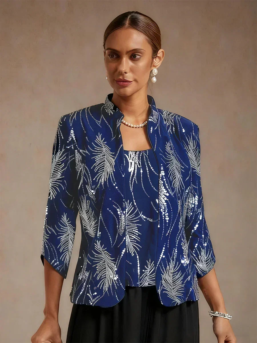 Davellia | Elegant Sequin Feather Print Twinset Blouse
