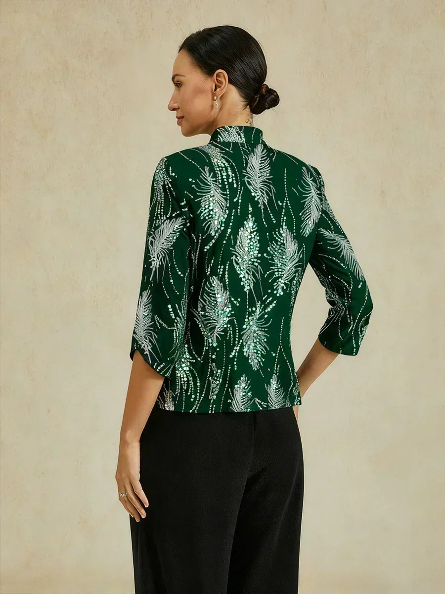 Davellia | Elegant Sequin Feather Print Twinset Blouse