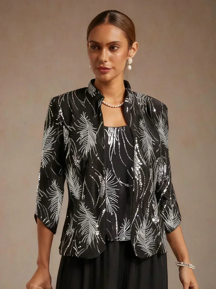 Davellia | Elegant Sequin Feather Print Twinset Blouse