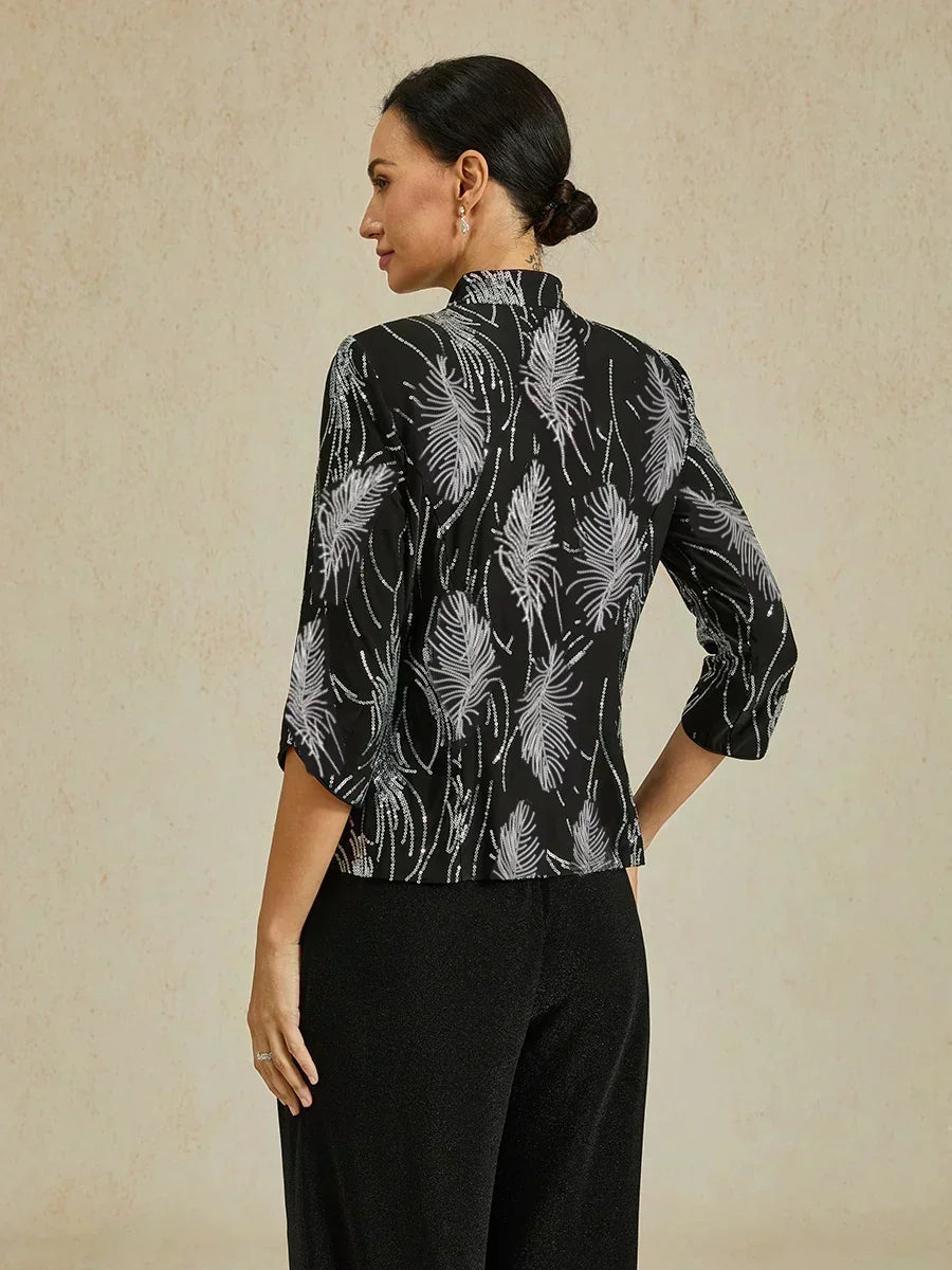 Davellia | Elegant Sequin Feather Print Twinset Blouse