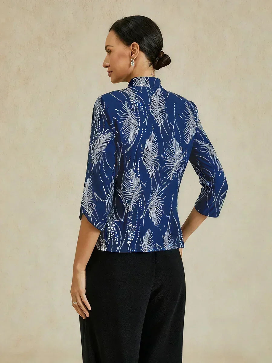 Davellia | Elegant Sequin Feather Print Twinset Blouse