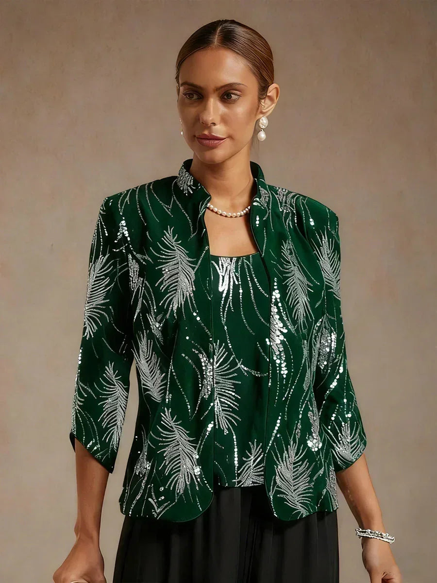 Davellia | Elegant Sequin Feather Print Twinset Blouse