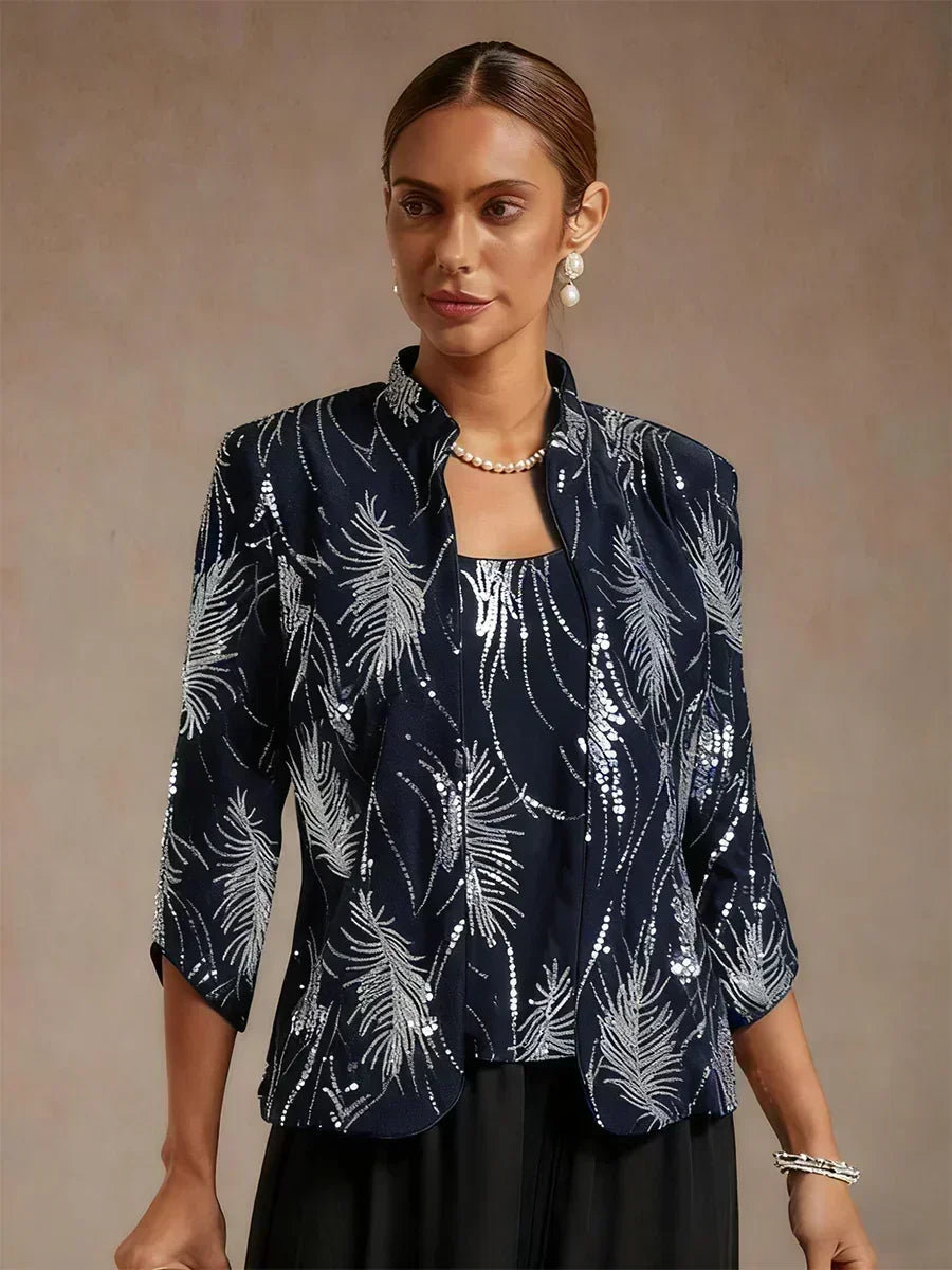 Davellia | Elegant Sequin Feather Print Twinset Blouse