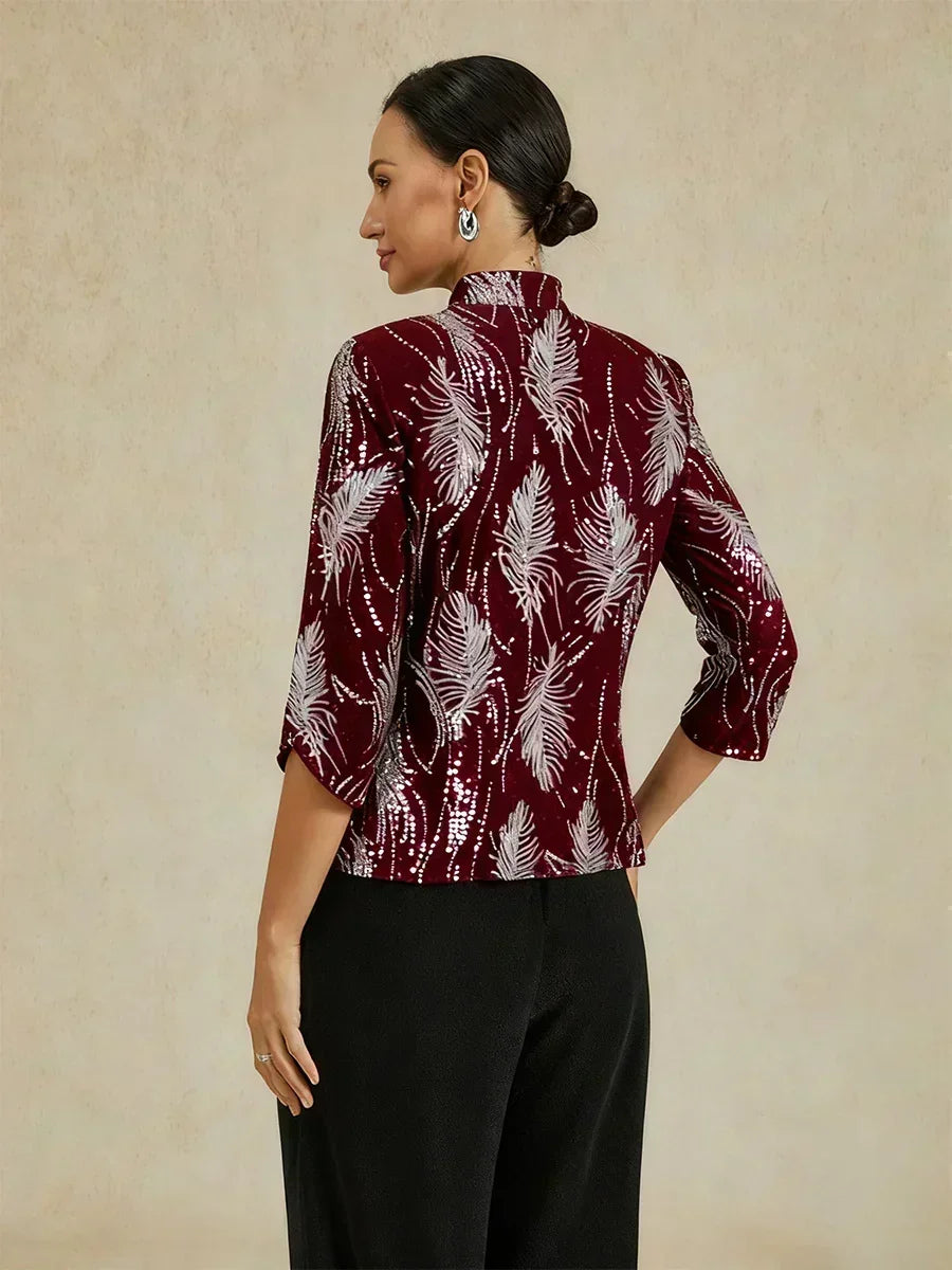 Davellia | Elegant Sequin Feather Print Twinset Blouse
