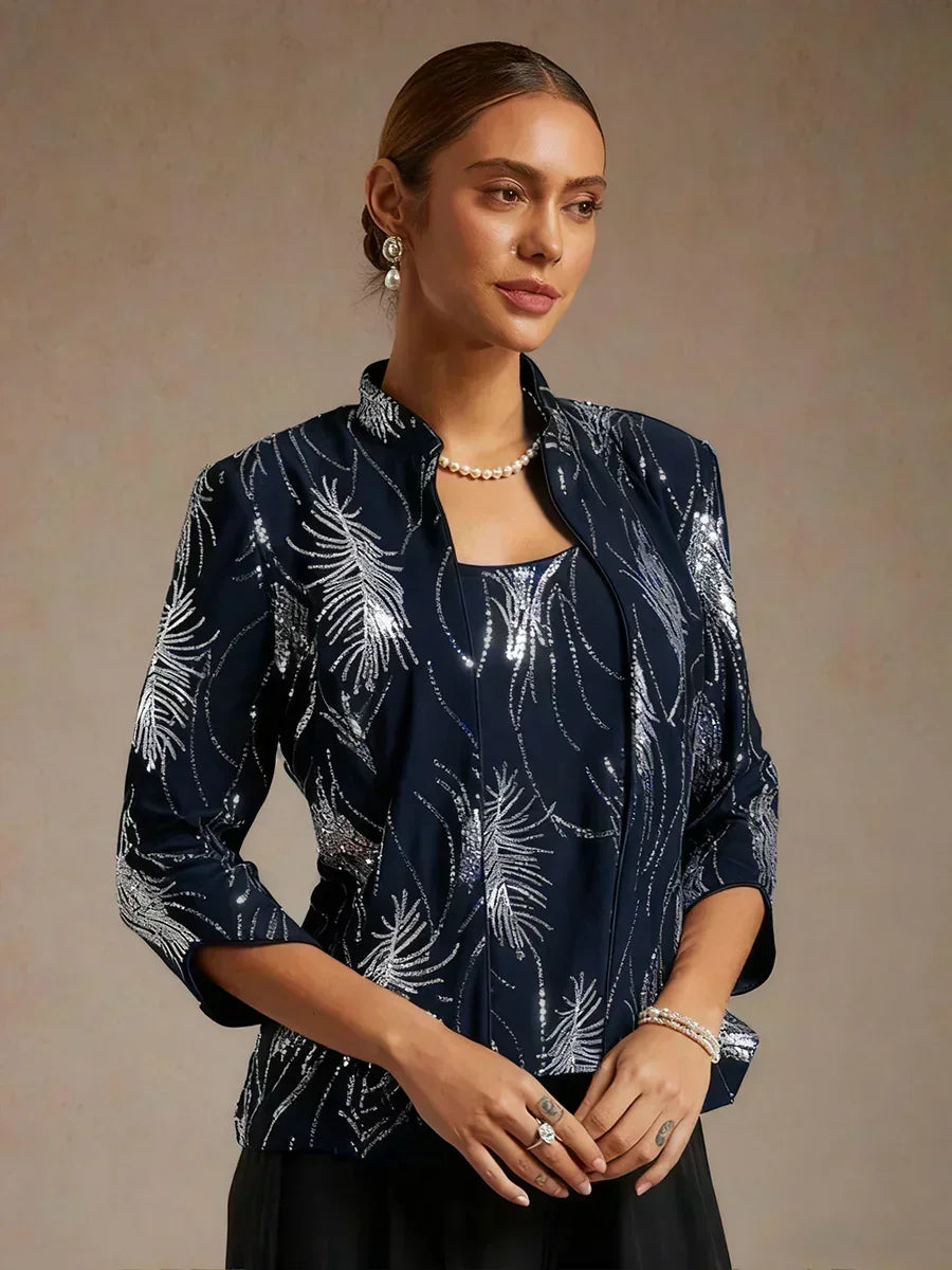 Davellia | Elegant Sequin Feather Print Twinset Blouse