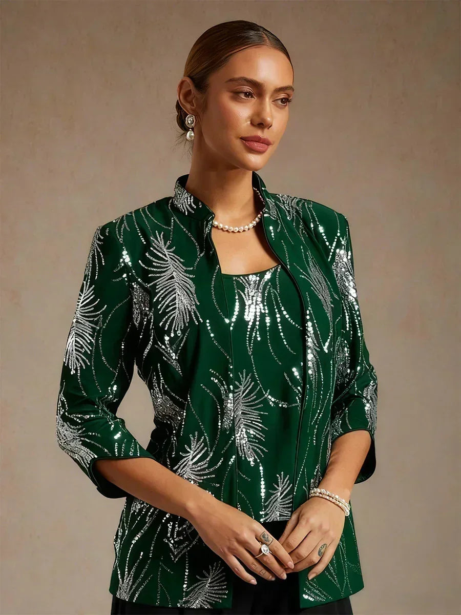 Davellia | Elegant Sequin Feather Print Twinset Blouse