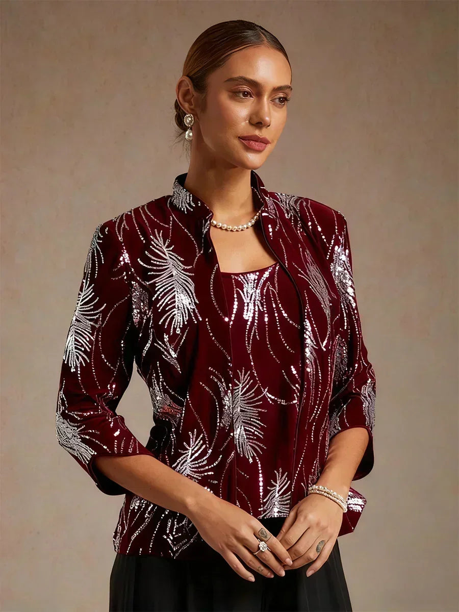 Davellia | Elegant Sequin Feather Print Twinset Blouse