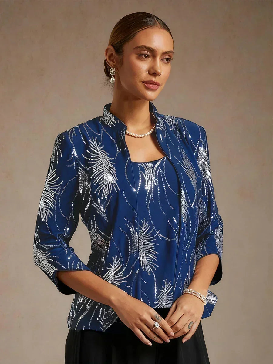 Davellia | Elegant Sequin Feather Print Twinset Blouse