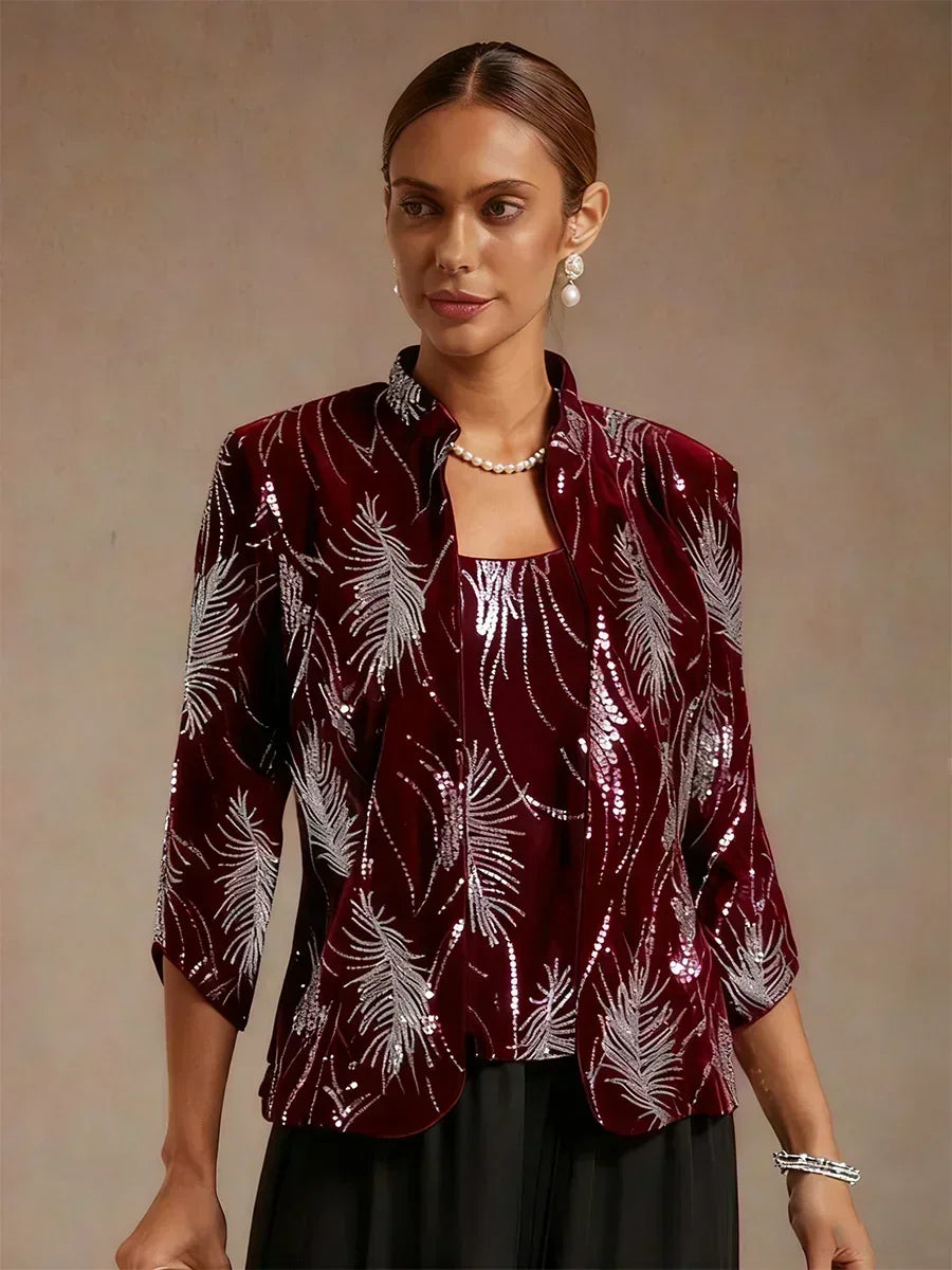 Davellia | Elegant Sequin Feather Print Twinset Blouse