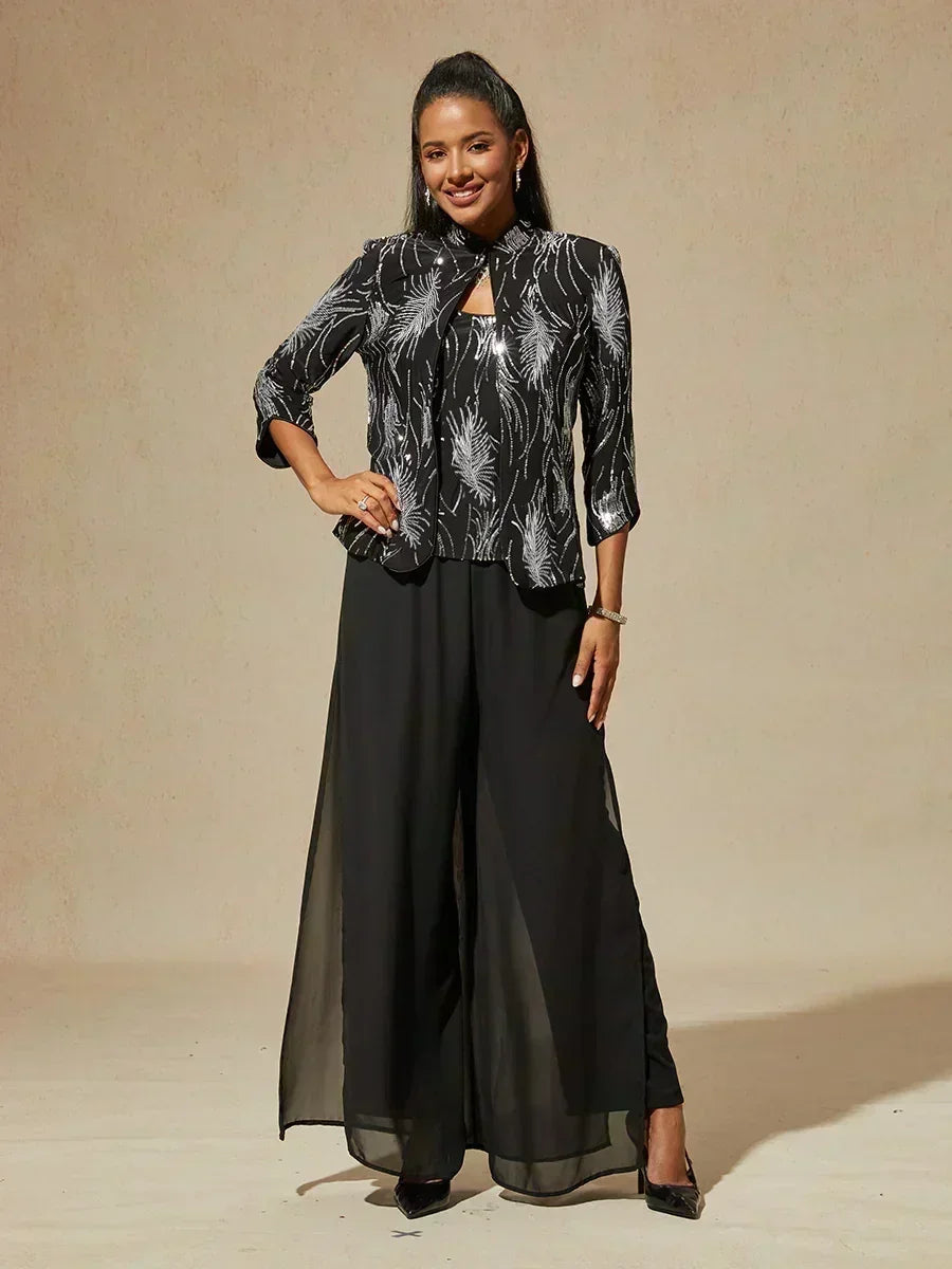 Davellia | Elegant Sequin Feather Print Twinset Blouse