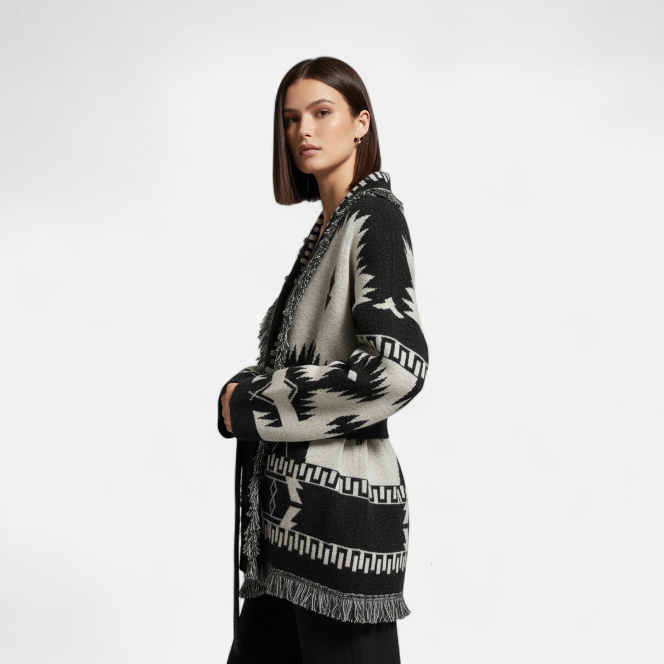 Davellia | Women’s 100% Cashmere Tassel Cardigan – Vintage Jacquard Elegance