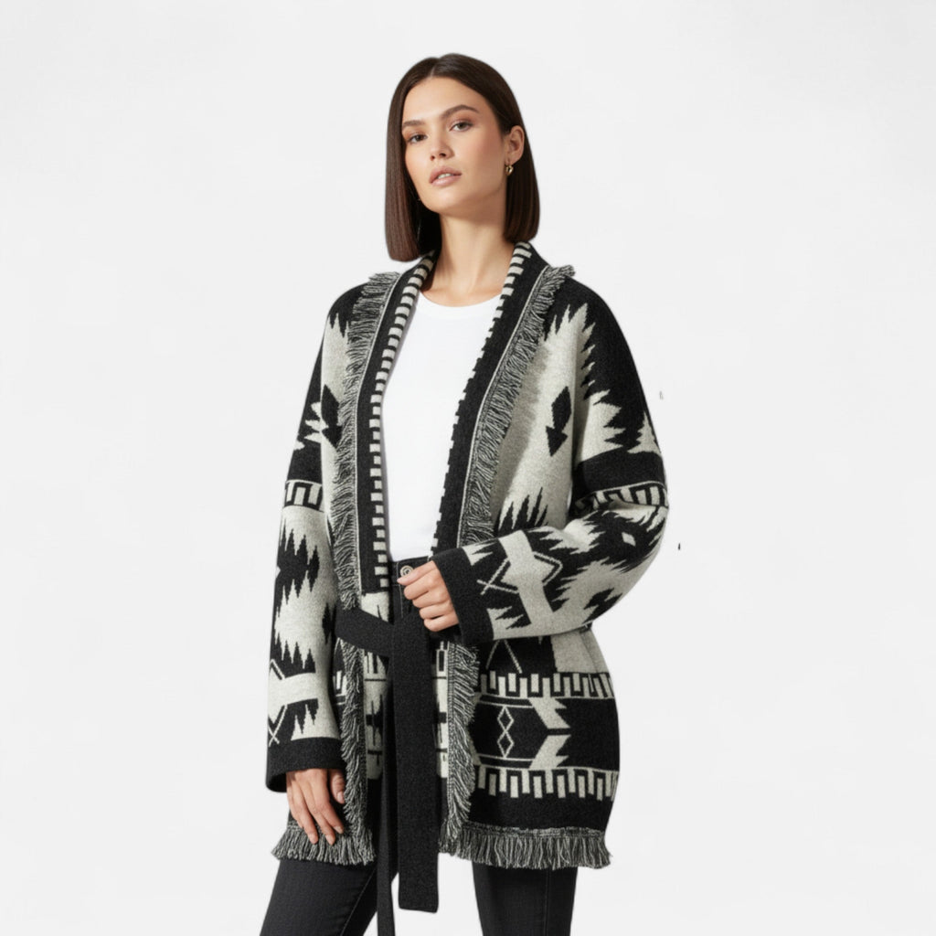 Davellia | Women’s 100% Cashmere Tassel Cardigan – Vintage Jacquard Elegance
