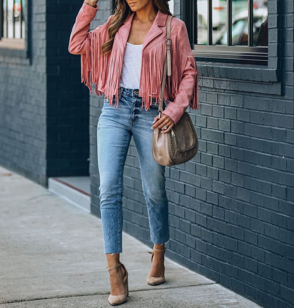 Davellia | Women’s Fringed Suede Moto Jacket