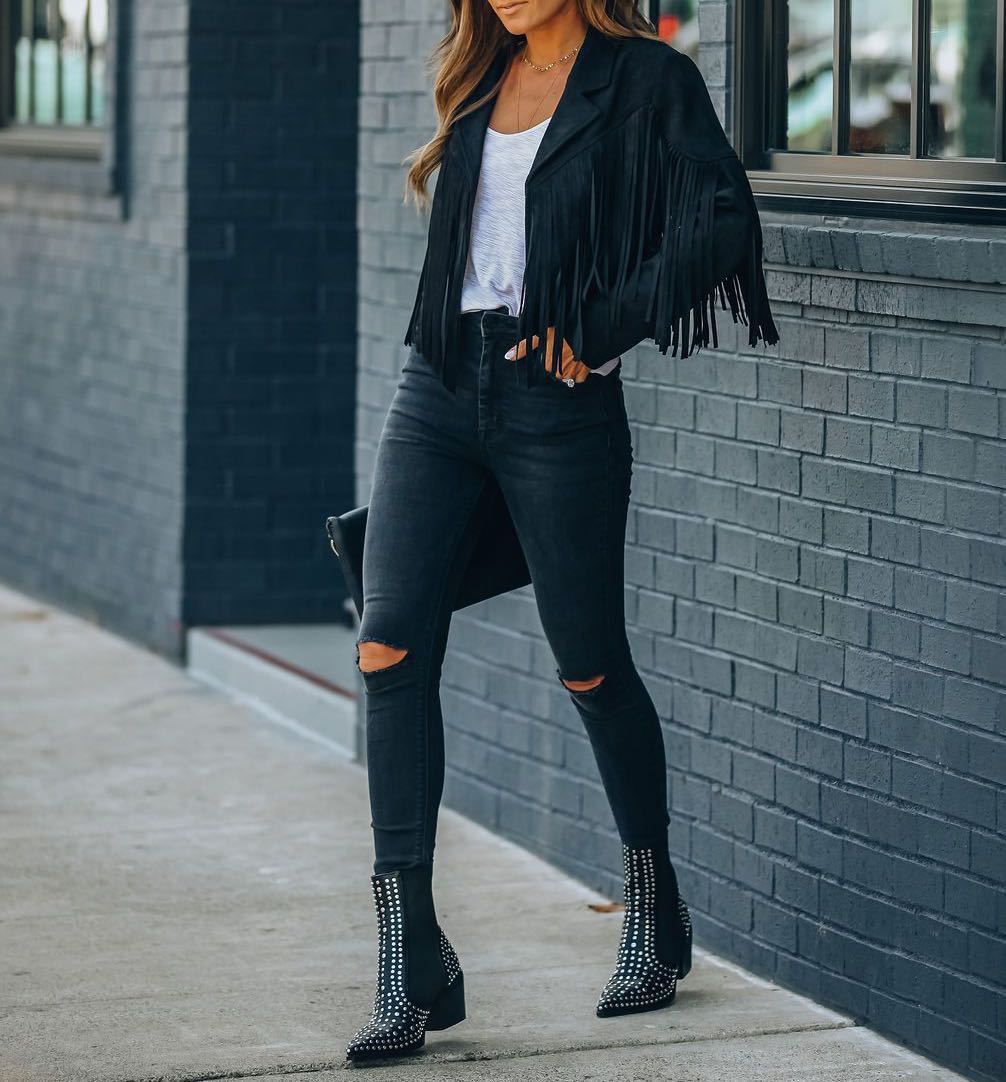 Davellia | Women’s Fringed Suede Moto Jacket