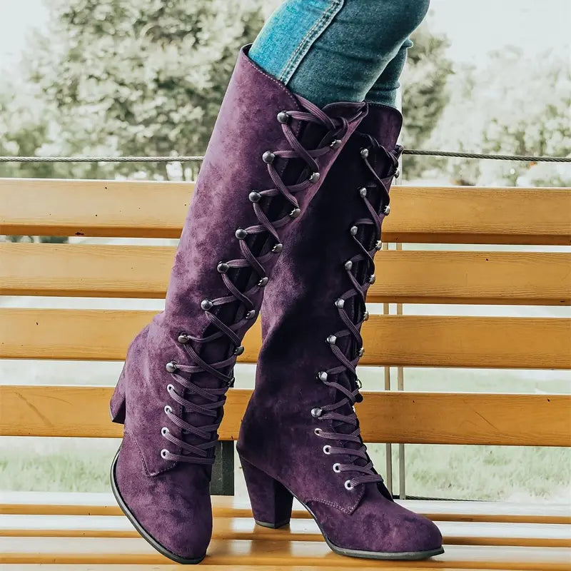 Davellia | Women’s Lace-Up Block Heel Long Boots