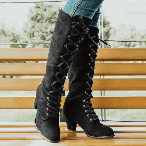 Davellia | Women’s Lace-Up Block Heel Long Boots