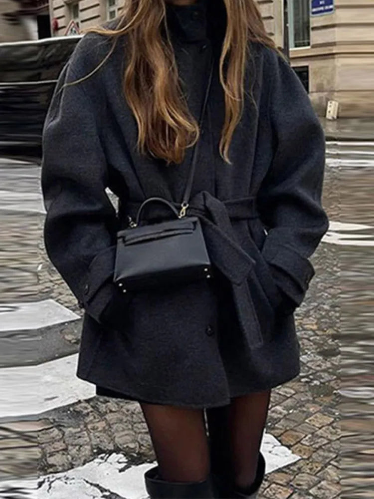 Davellia | Women’s Spring Belted Stand Collar Short Coat