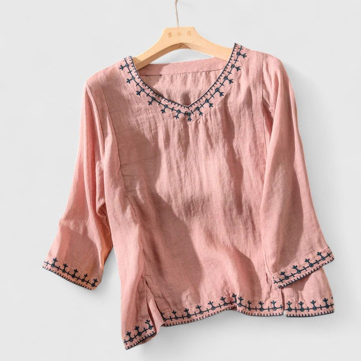 Davellia | Women’s Casual Linen Look Round Neck Blouse