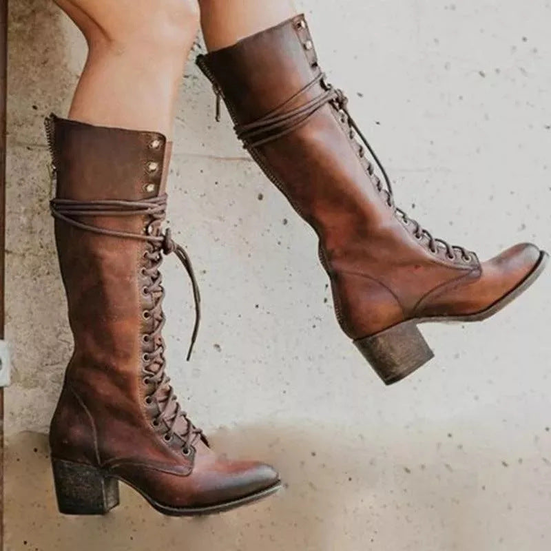 Davellia | Women’s Lace-Up Knee-High Boots with Block Heel