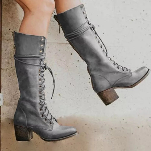 Davellia | Women’s Lace-Up Knee-High Boots with Block Heel