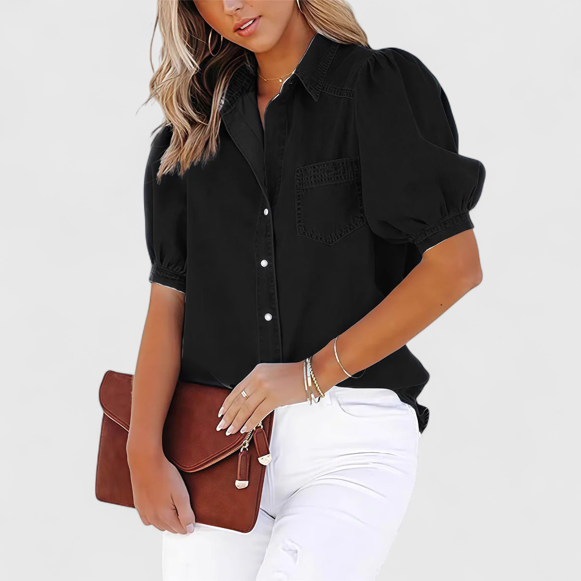 Davellia | Women's Light Denim Puff Sleeve Button-Up Blouse