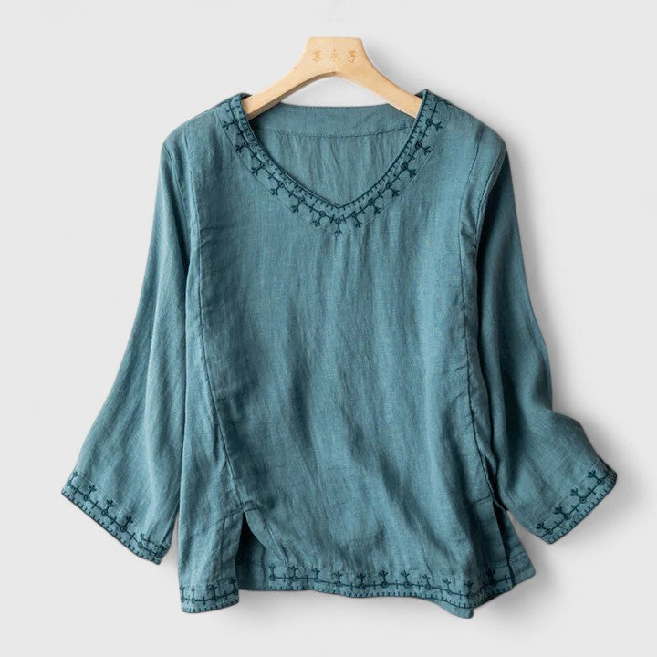 Davellia | Women’s Casual Linen Look Round Neck Blouse
