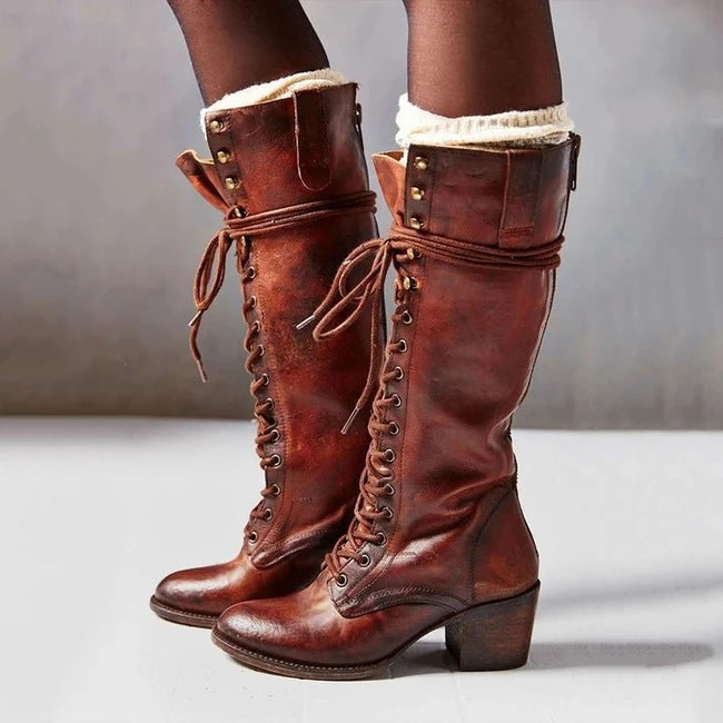 Davellia | Women’s Vintage Lace-Up High Heel Boots