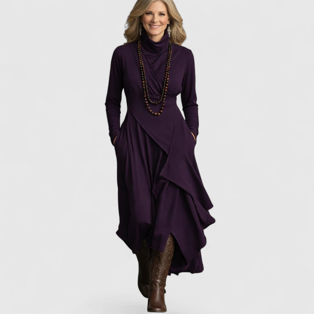 Davellia | Purple High Neck Asymmetrical Pleated Maxi Dress