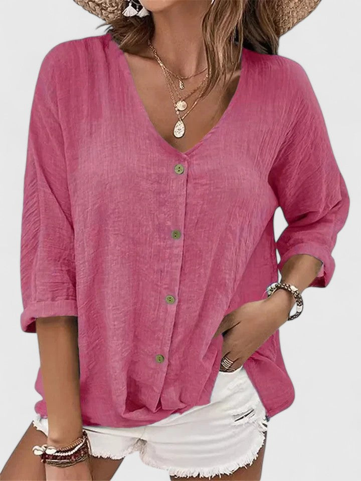 Davellia | Women's Casual V-Neck Button-Up Denim Blousecated Blouse